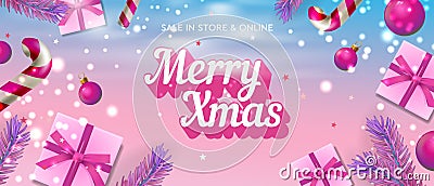 Merry Christmas sale web banner, fashion pink background. Xmas presents, pine tree, candy cane. Horizontal banner Vector Illustration