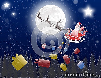 Santa Claus with magic giving gifts in the gradient dark to light blue background with stars sparkling around. Stock Photo