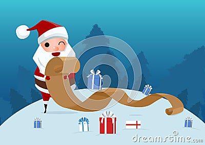 Merry Christmas. Santa Claus checking list old Paper. Vector Illustration