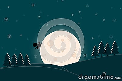 Merry Christmas - Santa Claus flying in the full moon night Stock Photo