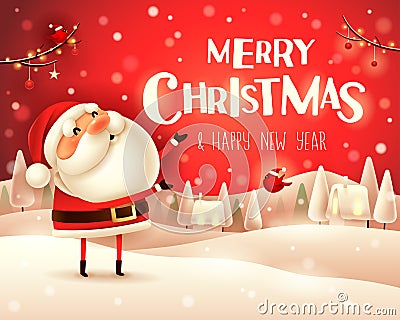 Merry Christmas! Santa Claus greets in Christmas snow scene winter landscape. Vector Illustration