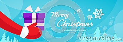 Merry Christmas Santa Claus Hands Hold Gift Box Vector Illustration