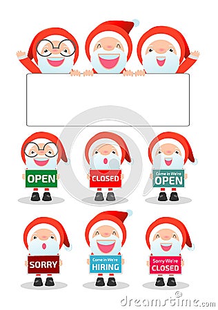 Merry Christmas. Santa Claus holding signs, open, closed, sorry, hiring Vector Illustration