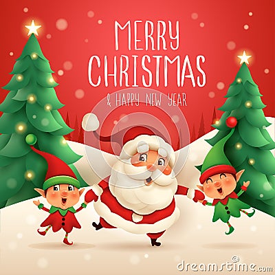 Merry Christmas! Santa Claus and Little Elves holding hands Vector Illustration