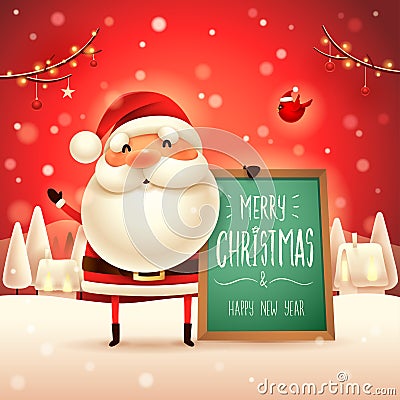 Merry Christmas! Santa Claus with message board in Christmas snow scene landscape Vector Illustration