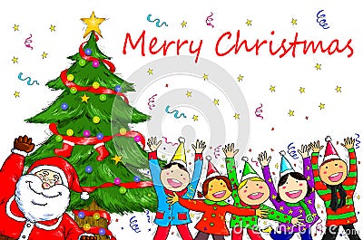 Merry Christmas Santa Claus People Christmas Tree Celebration Cartoon Illustration