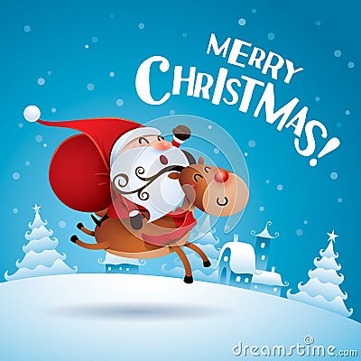 Merry Christmas! Santa Claus riding a Rudolph Reindeer. Vector Illustration