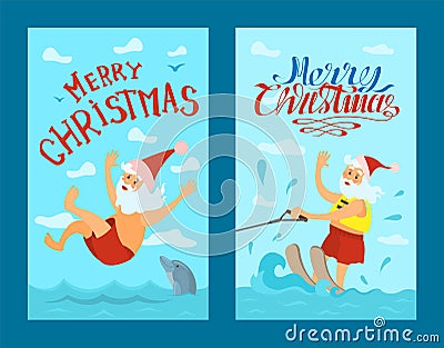 Santa Claus Riding Water Skies, Red Hat, New Year Vector Illustration