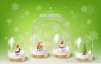 Merry Christmas with Santa Claus, Snowman and Reindeer in glass dome terrarium, green Snowflake background, vector illustration Vector Illustration