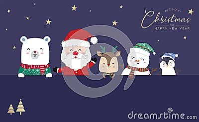 Merry Christmas with Santa Claus, Snowman, Reindeer, Polar bear and Penguin Vector Illustration