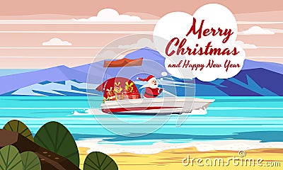 Merry Christmas Santa Claus on speed boat on ocean sea tropical island mountains seaside. Vector illustration isolated Vector Illustration