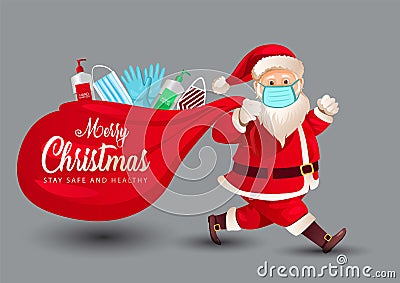 Merry christmas, Santa claus walks wearing face mask in with a sanitizer, mask and gloves in the bag. covid-19, coronavirus Vector Illustration