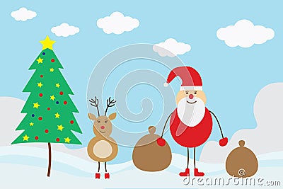 Merry christmas Santa Clause with little deer with Christmas tree Vector Illustration