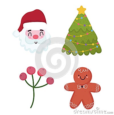 Merry christmas, santa tree gingerbread cookie and holly berry icons Vector Illustration