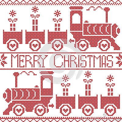 Merry Christmas Scandinavian seamless Nordic pattern with gravy train, Xmas gifts, heart stars, snowflakes in red cross stitch Vector Illustration