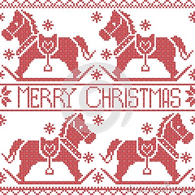 Merry Christmas Scandinavian seamless Nordic pattern , rocking dala pony horse, stars, snowflakes in red cross stitch Vector Illustration