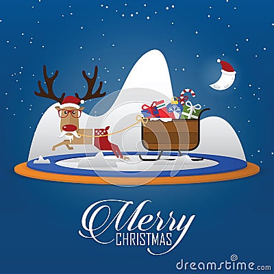 Merry Christmas scene with reindeer pulling Santa Clauss sleigh. Cartoon character. Vector. Vector Illustration