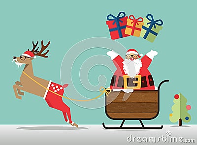 Merry Christmas scene with reindeer, sleigh and Santa clause sprinkle the gift. Vector Illustration