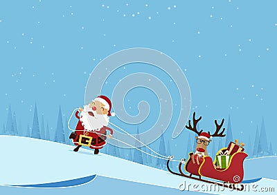 Merry Christmas scene with Santa Claus pulling Santa Claus`s sleigh and reindeer on pine forest winter landscape background. Vector Illustration