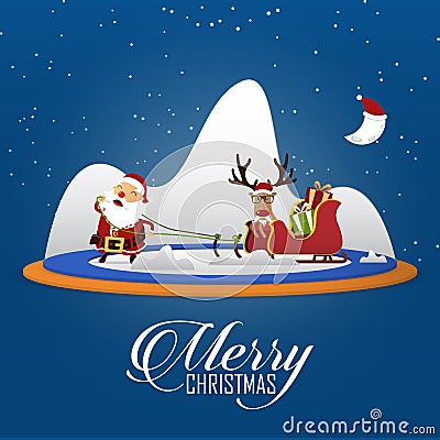 Merry Christmas scene with Santa Claus pulling Santa Clauss sleigh and reindeer. Cartoon character. Vector Vector Illustration