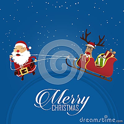 Merry Christmas scene with Santa Claus pulling Santa Clauss sleigh and reindeer. Cartoon character. Vector Vector Illustration