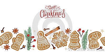 Merry Christmas Seamless gingerbread border. Cookies of different shapes with winter decor, spices, red berries, spruce Vector Illustration