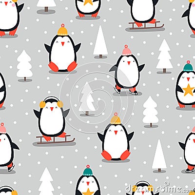 Merry Christmas seamless pattern with penguins,in . Stock Photo