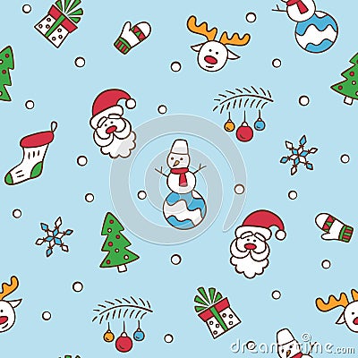 Merry Christmas. Seamless pattern with Santa Claus, christmas tree, reindeer, snowman, gift, snowflake and other. Vector Vector Illustration