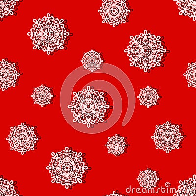 Merry Christmas. Seamless pattern with white snowflakes on a red background. Vector Illustration