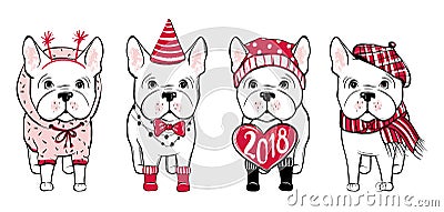 Merry Christmas set with funny dog. Hand drawn vector french bul Vector Illustration