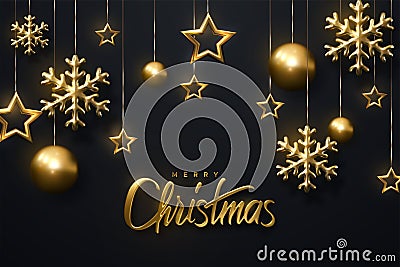 Merry Christmas. Shimmering golden snowflakes, christmas balls and stars on black background Vector Illustration