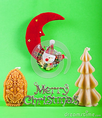 Merry christmas sign with xmas candles Stock Photo