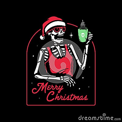 MERRY CHRISTMAS SKELETON IN SANTA HAT DRINKS MULLED WINE BADGE PATCH Vector Illustration