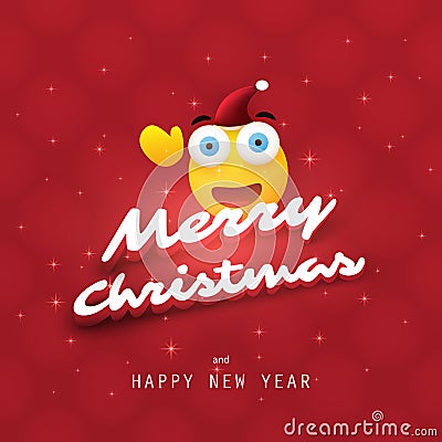 Merry Christmas! - Smiling Emoji with Red Santa Hat and Waving Hand - Card with Shiny Happy Emoticon on Red Background Vector Illustration