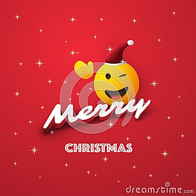 Merry Christmas! - Smiling, Winking Emoji with Red Santa Hat and Waving Hand - Card with Shiny Happy Emoticon on Red Background Vector Illustration