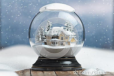 Merry christmas snow globe with a house on snowfall winter background Cartoon Illustration