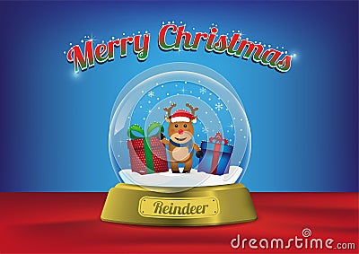 Merry Christmas globe with cute reindeer character Vector Illustration