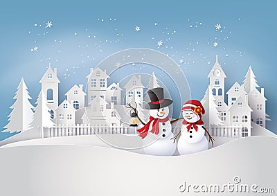 Merry Christmas and snow man in the village. Vector Illustration