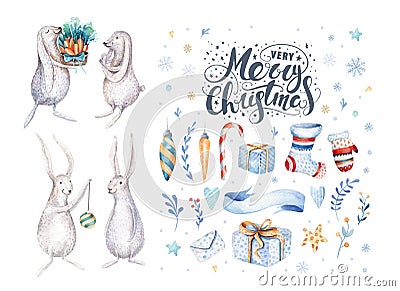 Merry christmas snowflakes and rabbits. Hand drawn bunny illustr Cartoon Illustration