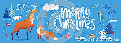 Merry Christmas social media banner in Scandic doodle style in blue color with cute animals. Vector Illustration