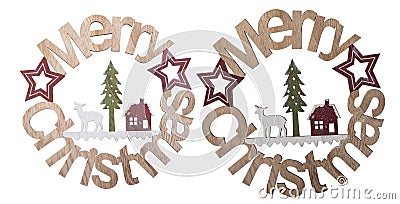 Merry Christmas spelled out in wooden shape isolated on white background, Clipping path included Stock Photo