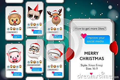 Merry Christmas Stories template with . Xmas Emojis smiley faces, Streaming, vector illustration. Vector Illustration