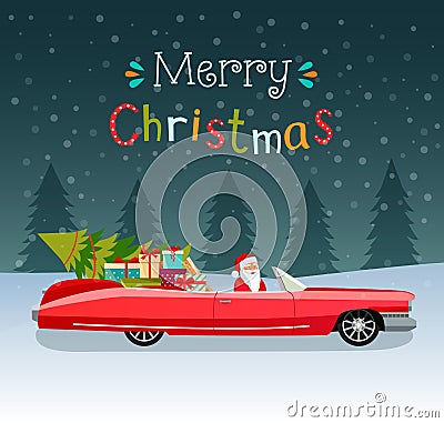 Merry christmas stylized typography. Vintage red cabriolet with santa claus, christmas tree and gift boxes. Cartoon Illustration
