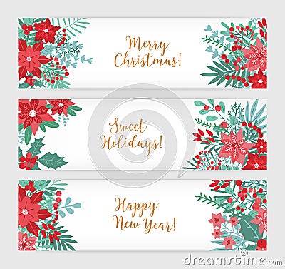 Merry Christmas, Sweet Holidays and Happy New Year. Collection of festive horizontal banner templates decorated with Vector Illustration