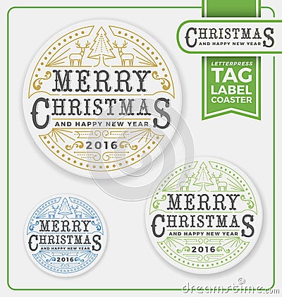 Merry Christmas Tags, Label, Coaster Letterpress Design. Vector Illustration