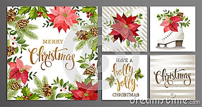 Merry Christmas Template Set for Greeting Scrapbook, congratulations, invitations, banner, stickers, postcards. Vector illustratio Vector Illustration