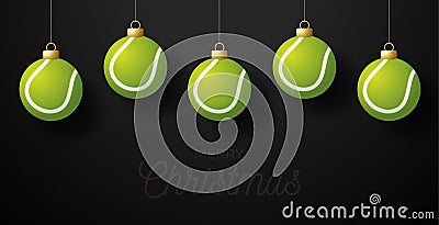 Merry Christmas Tennis greeting card. Hang on a thread Tennis ball as a Christmas ball on black horizontal background. Sport Vector Illustration
