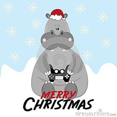 Merry Christmas- text, with funny hippopotamus gamer, on snowy background Vector Illustration