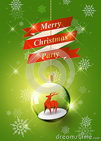 Merry Christmas text on gold ribbon with reindeer in Christmas ball, Hanging Christmas ball on green snowflake background, vector Vector Illustration