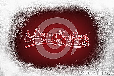 Merry Christmas text on red background and hoarfrost snow frost on xmas window Stock Photo